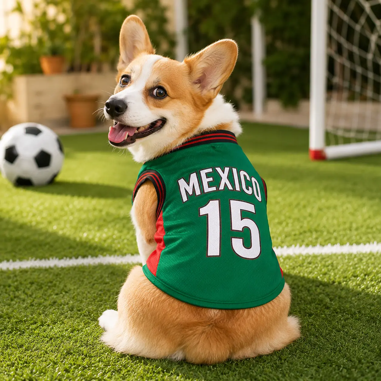 Pet Dog & Cat Sporty Soccer-Style Sleeveless Jersey Vest - Mexico 15, Soft Lightweight Mesh, Red/Green, Small-Medium Pets & Puppy, Ideal for Game Day, Parties, Photos