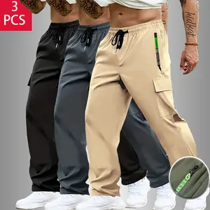 Pack Of 3 Men's Workout & Casual Pants With Multi-Pockets And Zipper Closure Suitable For Everyday Wear Or Sports