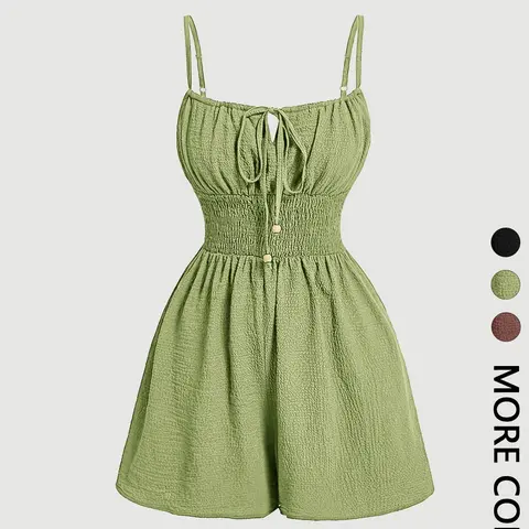1 Women's Flowy Sleeveless Fitted Basic Solid Romper | Tie Front Smocked Waist Jumpsuit | Cottagecore Casual Going Out Wear | Boho Coastal Vacation Brunch Wear