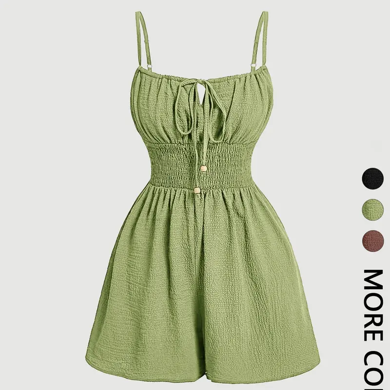1 Women's Flowy Sleeveless Fitted Basic Solid Romper | Tie Front Smocked Waist Jumpsuit | Cottagecore Casual Going Out Wear | Boho Coastal Vacation Brunch Wear