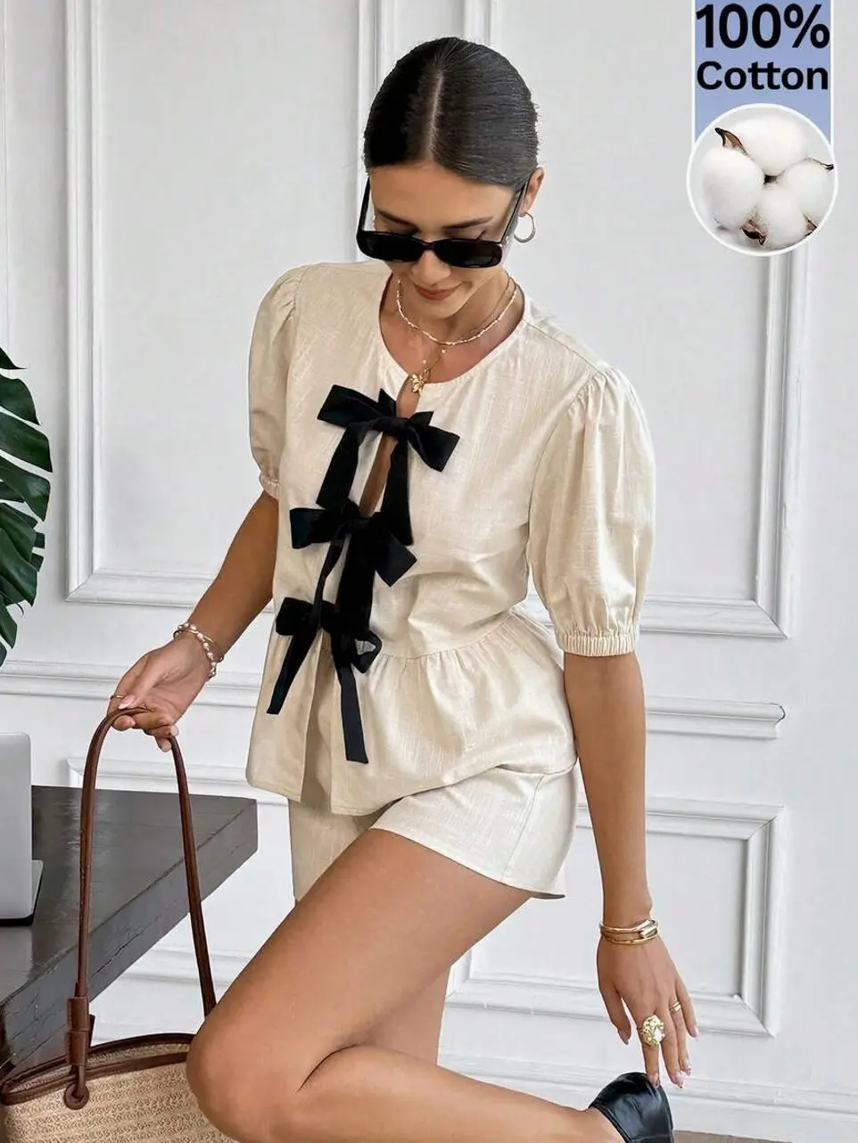 Women's Cotton Two Piece Summer Set, Bow Tie Front Puff Sleeve Top and High Waisted Shorts, Elegant French Brunch Tea Party Outfit