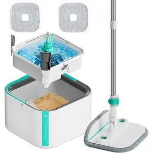 Upgraded Spin Mop and Bucket System Set, Self Separate Clean and Dirty Water, Foldable Square Standing Mop Head with Microfiber Mop Pads, Detachable Bucket (White+Blue, Mop Set with 2PC Pads)
