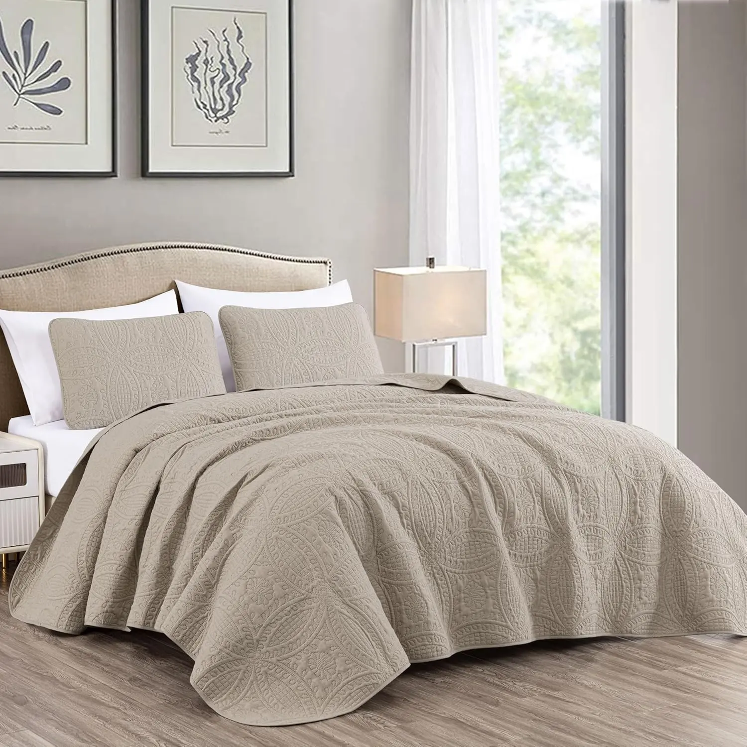 Khaki King 3-Piece Traditional Microfiber Cloth Medallion Bedspread Coverlet - Coin Design, Pressed Pattern, Lightweight, Burgundy Option, Cold Water Washable, Year-Round Bedding