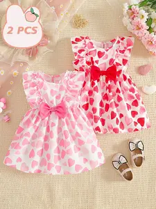 Two pieces of girls' summer love printed dress, sweet and cute girl style, girls' pink and white love full printed flying sleeve dress, three-dimensional bow+ruffled flying sleeve+waist design, Valentine's Day gift, suitable for birthday parties