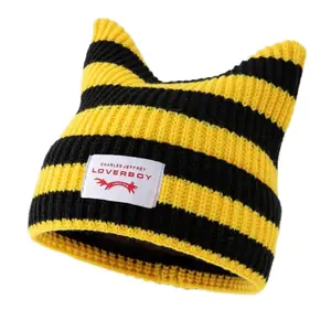 Charles Jeffrey Loverboy Striped Beanie Hat - Black & Yellow Knit Cap with Logo Patch