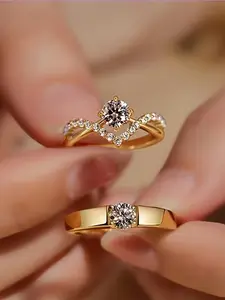 2 Piece Set Artificial Cubic Zirconia Wedding Rings, Adjustable Open Style Couple Engagement Rings, Perfect Casual Party Fashion Jewelry Gift, Stackable Engagement Ring