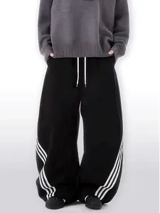 American Vintage Three-Bar Patchwork Wide-Leg Pants, Casual Loose-Fit Long Trousers, Fashion Waist Rope Detail, Men's Gift for Valentine's Day