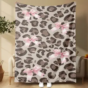 Leopard Print Bow Soft Flannel Blanket, Ultra Cozy Cow Throw Blanket for Couch Bed and Travel, Cow Decor Throw Blankets for All Seasons for Women Men for Sofa Couch Bed Office