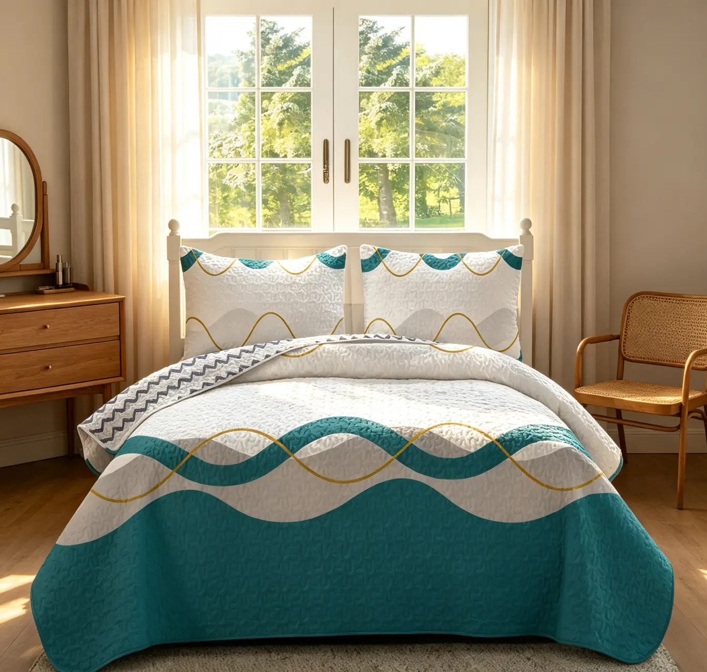Teal Gold Wavy Geometric 3 Piece Microfiber Quilt Cover Matching Pillowcases Exclusive Gold Leaf Print for Modern Minimalist Home Farmhouse Decor