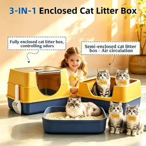 Stainless Steel Enclosed Cat Litter Box with Flip-Top Lid, Large High-Sided Metal Pan with Litter Scoop & Mat, Odor Control, Leak-Proof, Easy-Cleaning, Grey