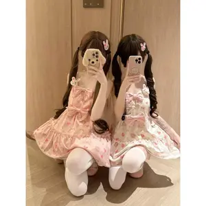 Kawaii Japanese Sweet Bow Sling Dress Women's Summer Lovely Strawberry Print Dresses Design Fashion Loose Pretty Princess Dress