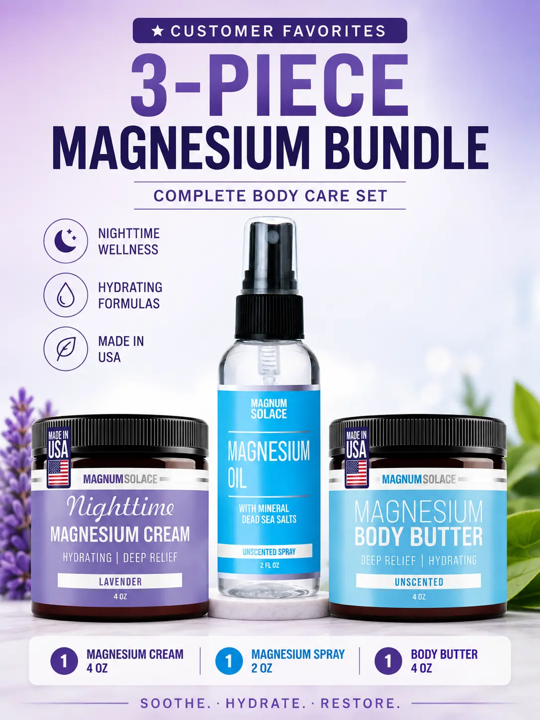 Magnesium Body Care Bundle – Nighttime Magnesium Cream, Body Butter & Magnesium Oil Spray – 3 Piece Set Magnesium Body Care Bundle – Nighttime Magnesium Cream, Body Butter & Magnesium Oil Spray – 3 Piece Set