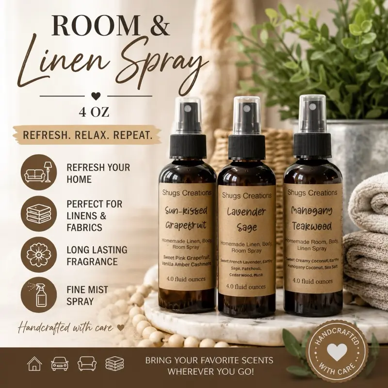 Shugs Creations 4 oz Room & Linen Spray Long-Lasting Home Fragrance Multiple Scents.