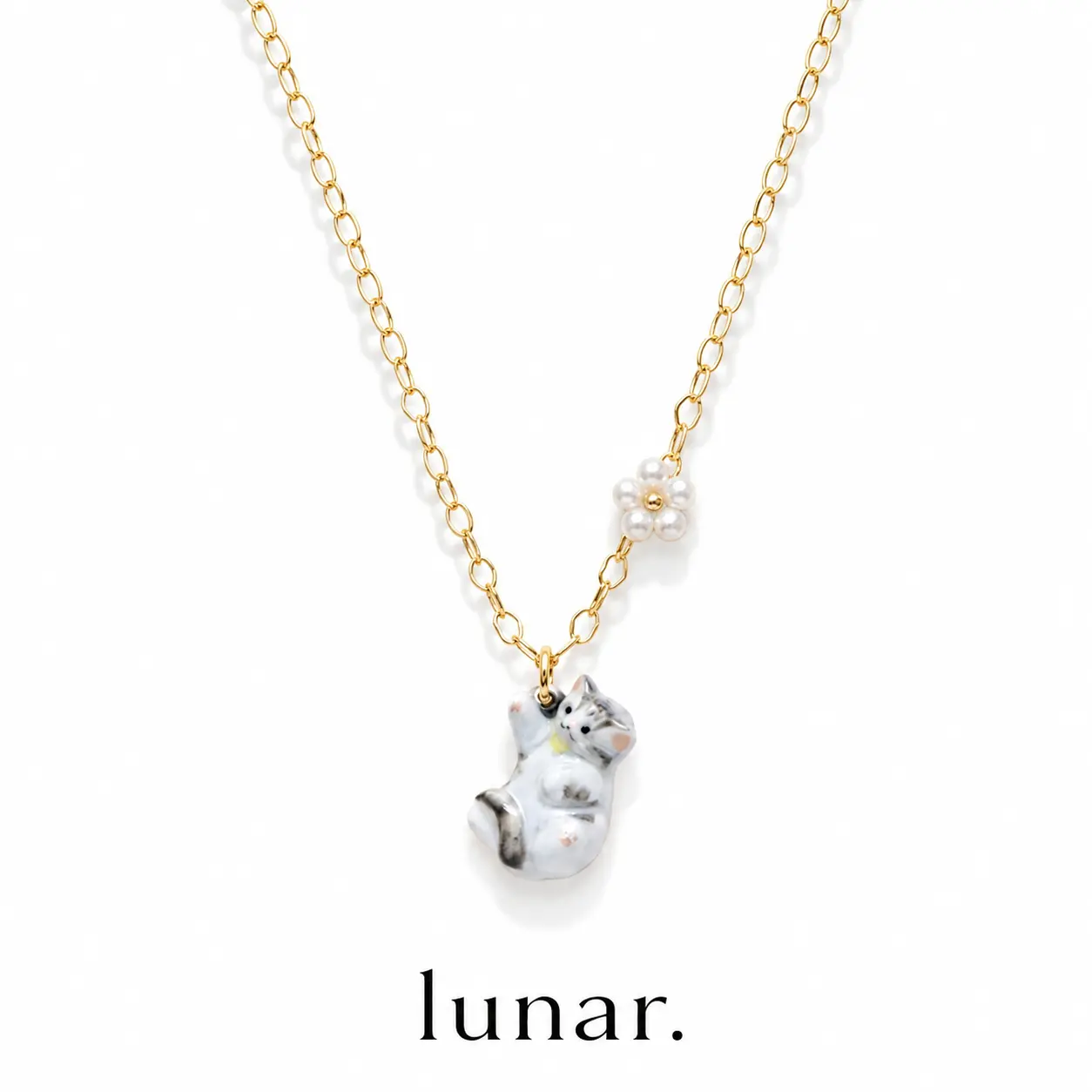 Women's Lunar Gold-Tone Plated Copper Cat Pendant Necklace - Cute Kitty Charm, Enamel-Look Finish, Imitation Pearl Flower Accent, Suitable for Casual Wear
