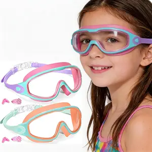 2-Pack Anti-Fog Swimming Goggles with Nose Cover & Earplugs | Wide View UV Protection for Kids (3–12+) and Adults. Full-coverage bright lenses for outdoor water fun.