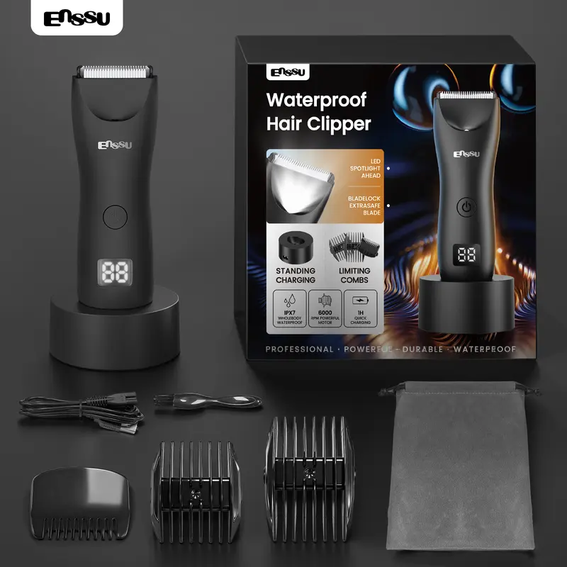 Enssu All-in-One Electric Body Hair Trimmer,Multiple Replaceable Ceramic Blade Heads, WaterProof Rechargeable Cordless Groin Hair Trimmer, Never-Cut-Your-Ball, Men's Hair Removal Tool, Men's Daily Use, Beard Hair Trimmer,Barber Clippers