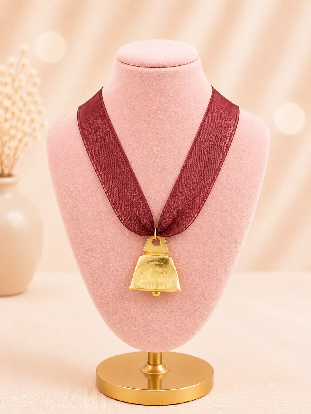 Maroon Ribbon Cowbell Necklace