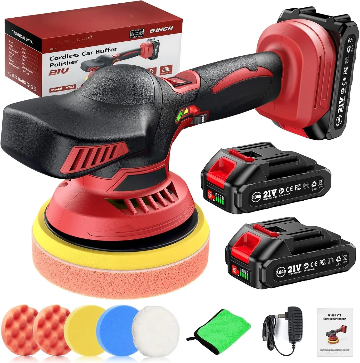 Cordless Brushless Buffer Polisher Kit - 21V 2x2.0Ah Batteries, 6-Inch Backing Plate, 6 Adjustable Gears, 10 Extra Attachments for Car Detailing, Leather Cleaning (Lightweight Design)