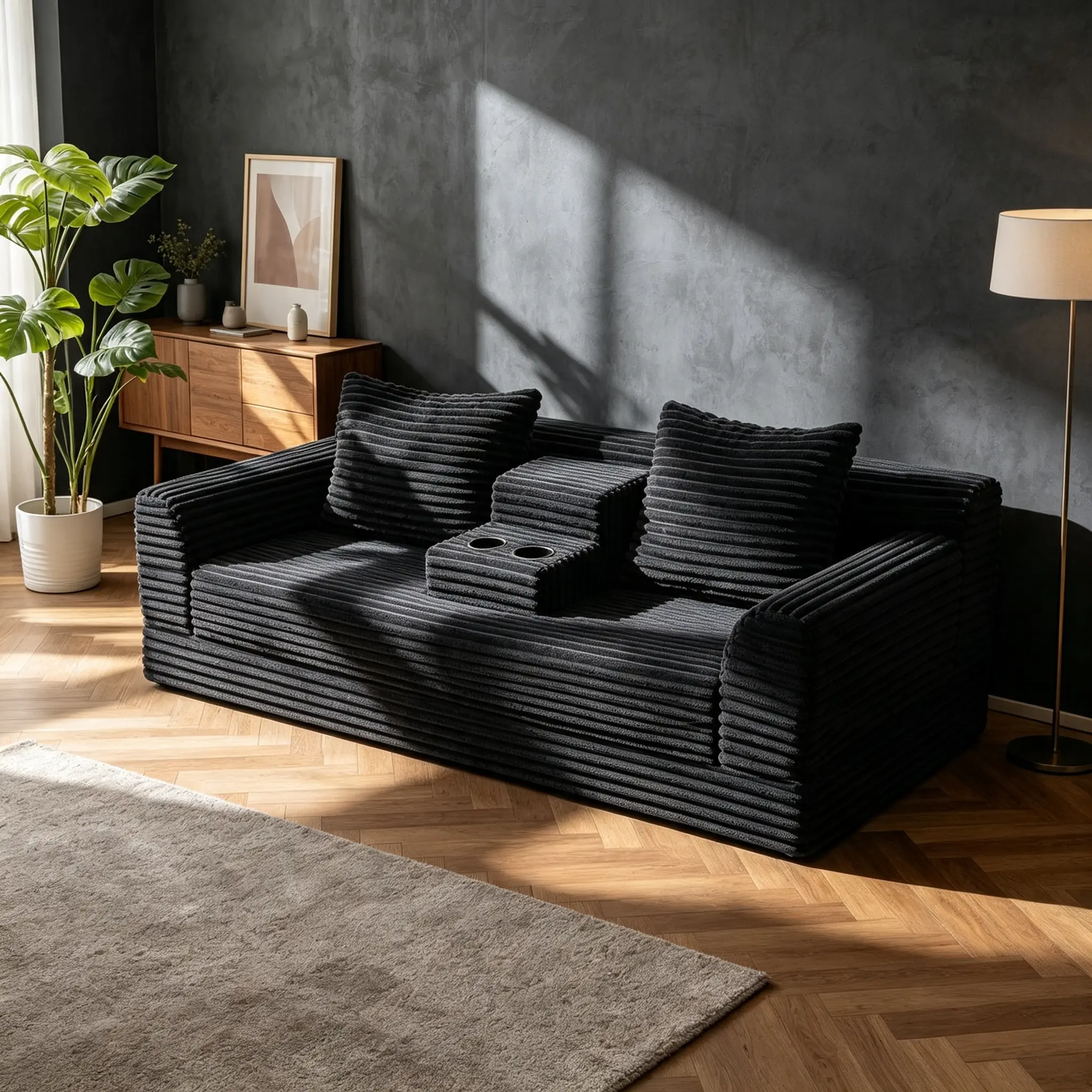 72" Convertible Corduroy Sofa Bed with Cup Holders & Pillows. Fold Out Lounge Couch, Gray Striped Chenille Fabric, Dual-Use Sleeper, Space-Saving Apartment Living Room Guest Room Furniture.
