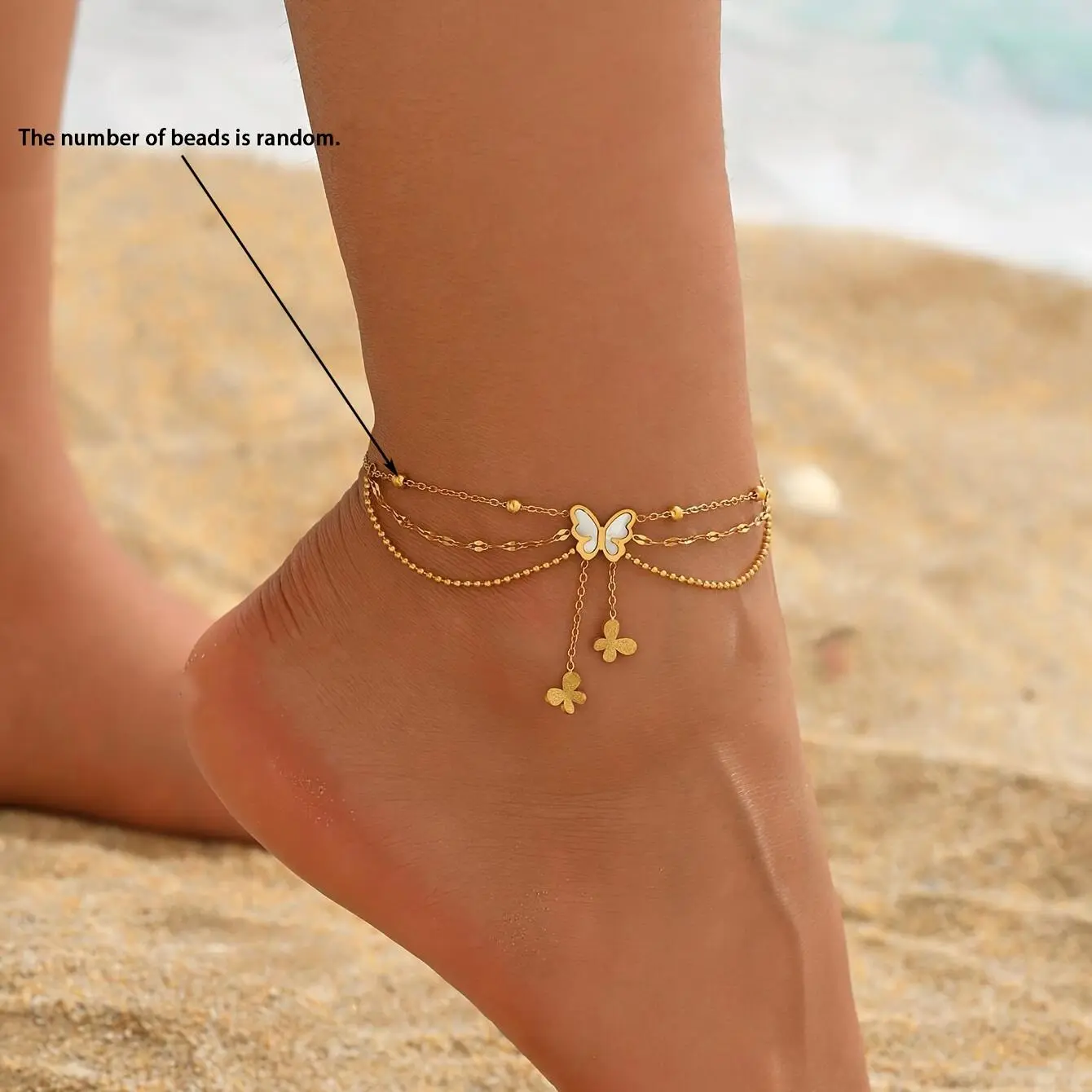 [Fashion Accessory] Golden Stainless Steel 1 Ladies' Beaded Butterfly Tassel Anklet, Three-Layer White, Hand-Cut, Random Bead Count