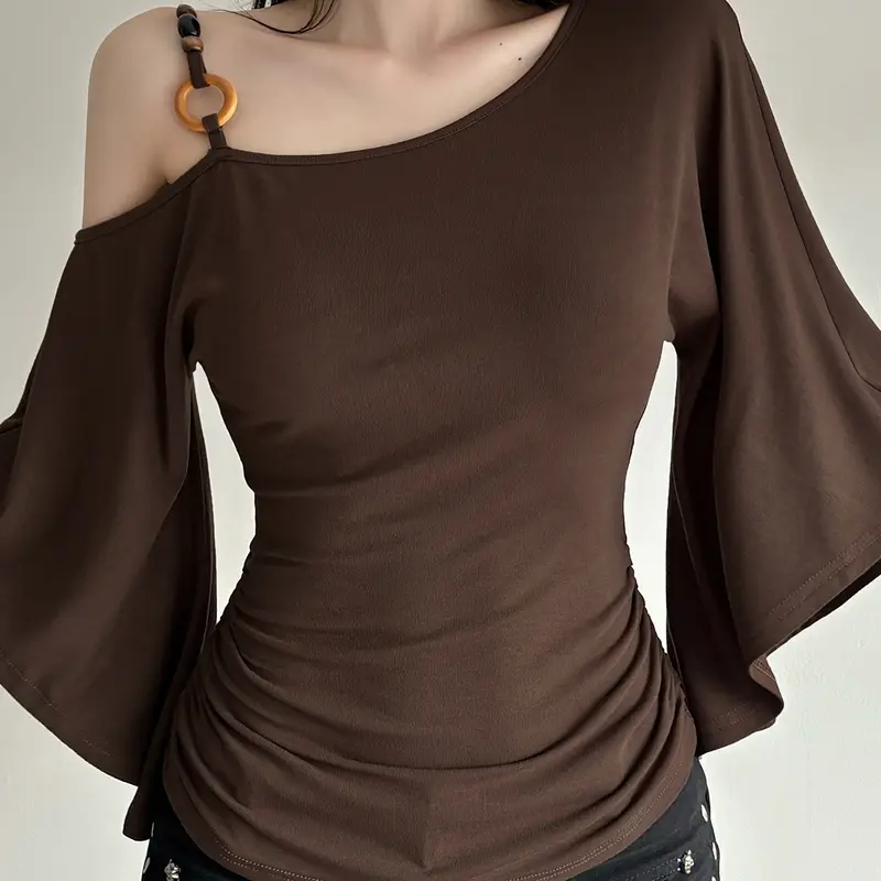 Women's Retro Ethnic Style Beaded Asymmetrical Shoulder Flounce Long Sleeve Flared Top Shirts Beaded Tops Womenswear, Slim-Fit Casual Spring & Fall Fashion, Moderate Fabric