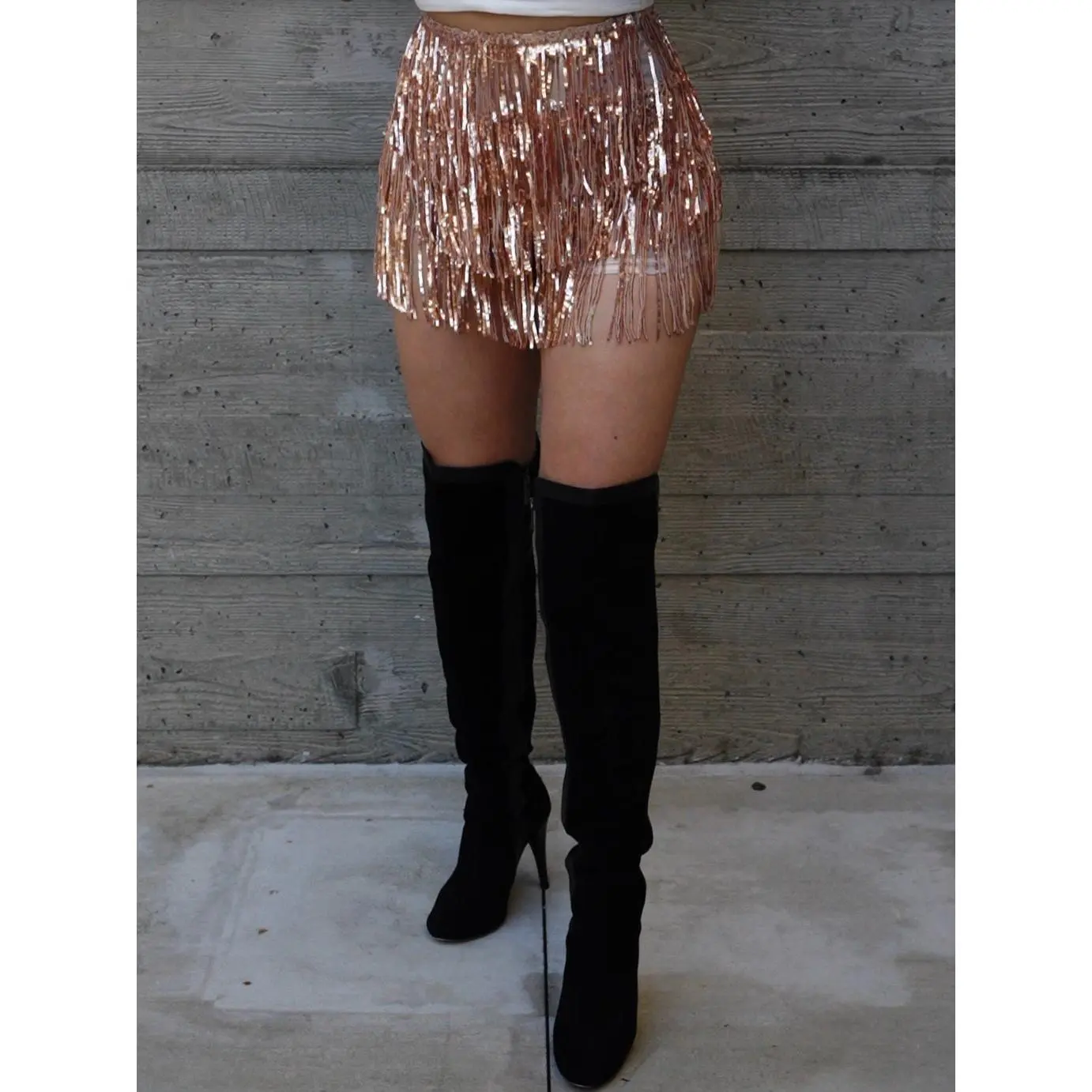 Rosé Fringe Skort - Womenswear Bottom with Sequins, Zipper Closure, Comfortable Fit, and Stylish Design