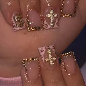 10PCS Diamond French Fake Nails – Nude Short Square with Gold Glitter & Leopard Design