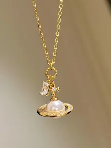 Women's Fashion Imitation Pearl Star Pendant Necklace, Luxurious Zircon Plated Saturn Lockbone Chain, Elegant Geometric Design