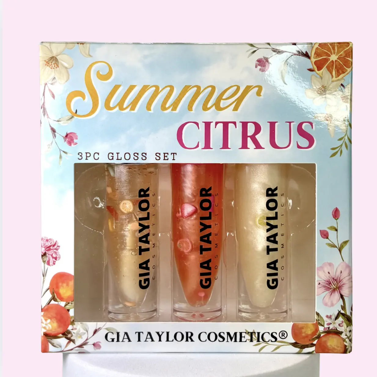 (THICK WANDS) 3pc SUMMER CITRUS Lipgloss Set / Lemon Cupcake, Orange Sprits, Strawberry Lemonade / Vegan Cruelty Free Hydrating Non-Sticky Moisturizing Pink Gloss