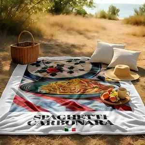 1 piece Classic Italian Bacon Cream Pasta Carbonara themed flannel blanket - All-season comfortable flannel blanket, modern style, suitable for sofas and beds, digitally printed pattern, super soft and warm, 100% polyester material, machine