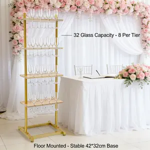 4-Tier Champagne Glass Rack 61In Dual Color Options Iron Wood 32 Capacity 44Lbs Load Non-Slip Base for Wedding Party Bar Restaurant Decor