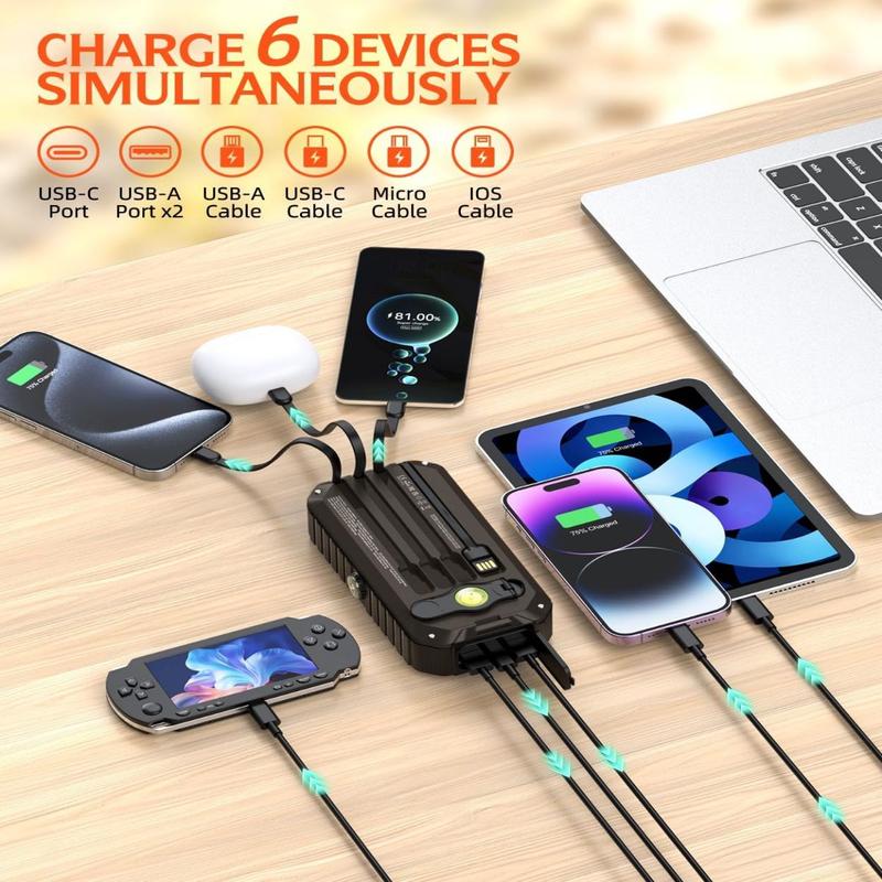 Solar Charger Power Bank 40000mAh Built in 4 Cables and Hand Crank, Portable Charger 22.5W Fast Charger 6 Outputs & 4 Inputs External Battery Pack with Bright Flashlight and Compass