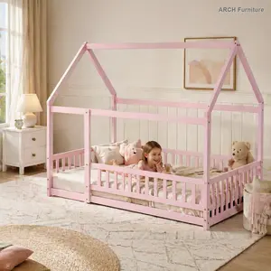 Full Size Wooden Floor Bed for Kids – Toddler Safe Sleep Bed with Arch Roof Frame and Pink Safety Guardrails, Toddler Bed