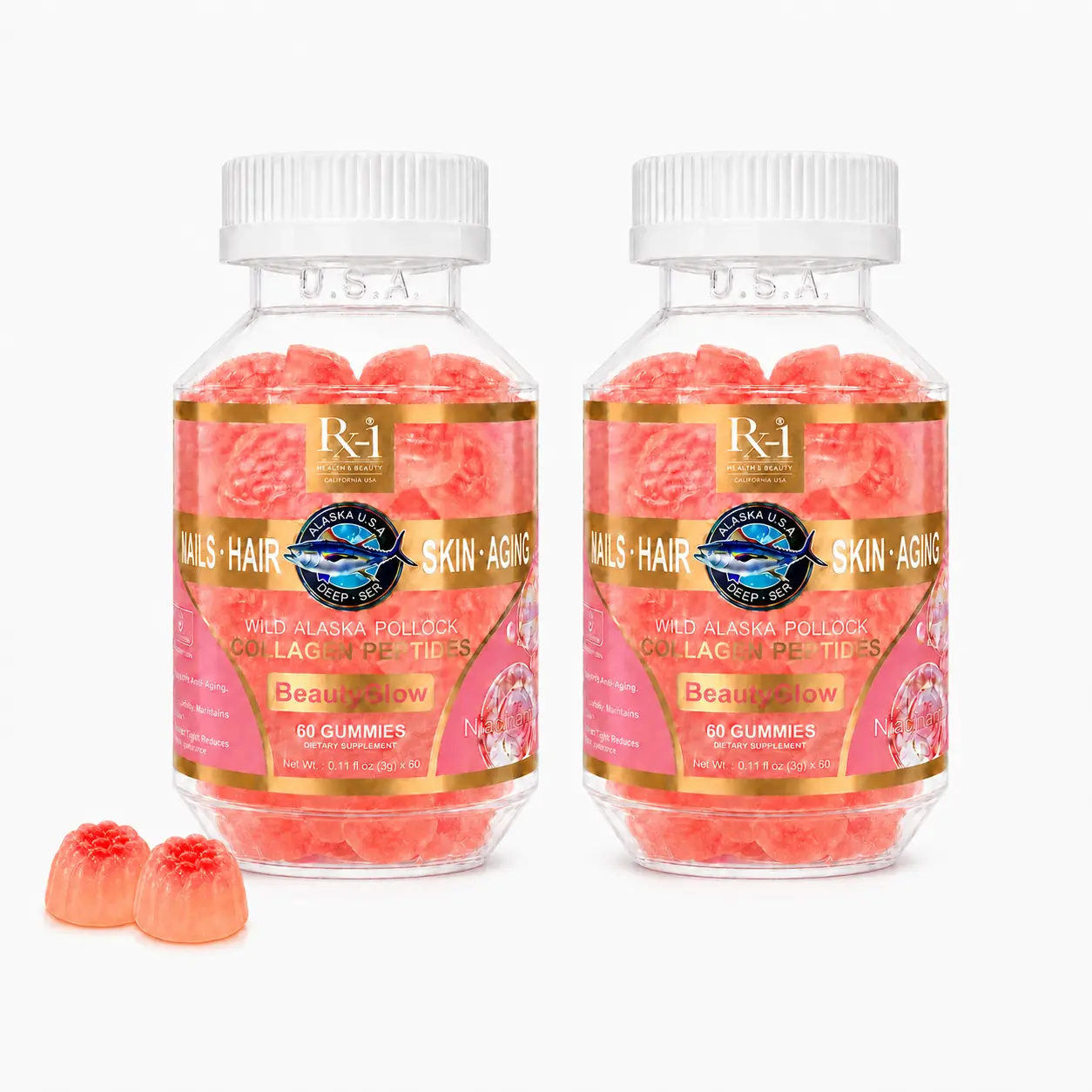 Rx-1 BeautyGlow Hair, Skin & Nails Gummies with Wild Alaska Pollock Collagen Peptides, 3,332 mcg Biotin, Vitamins A, C & E, 60 Count, 30-Day Supply