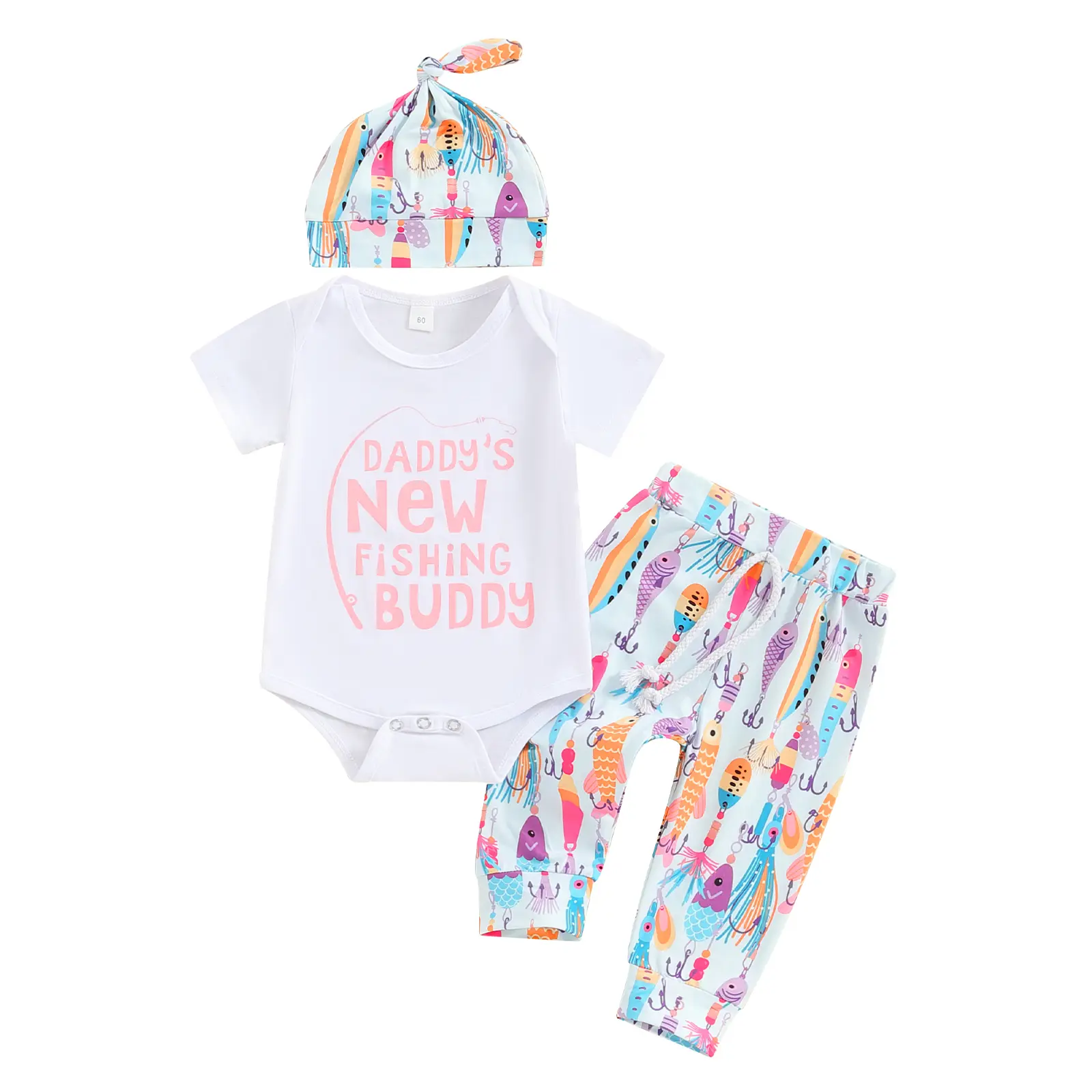 Newborn Baby Boy Girl Fishing Outfit Daddy's New Fishing Buddy Romper Fish Pants Set Hat 3Pcs Infant Summer Clothes