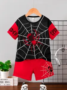 Boys' Spider Print Design Short Sleeve Top & Elastic Waistband Athletic Shorts Set, Summer Casual Sportswear for Outdoor Activities and Daily Wear