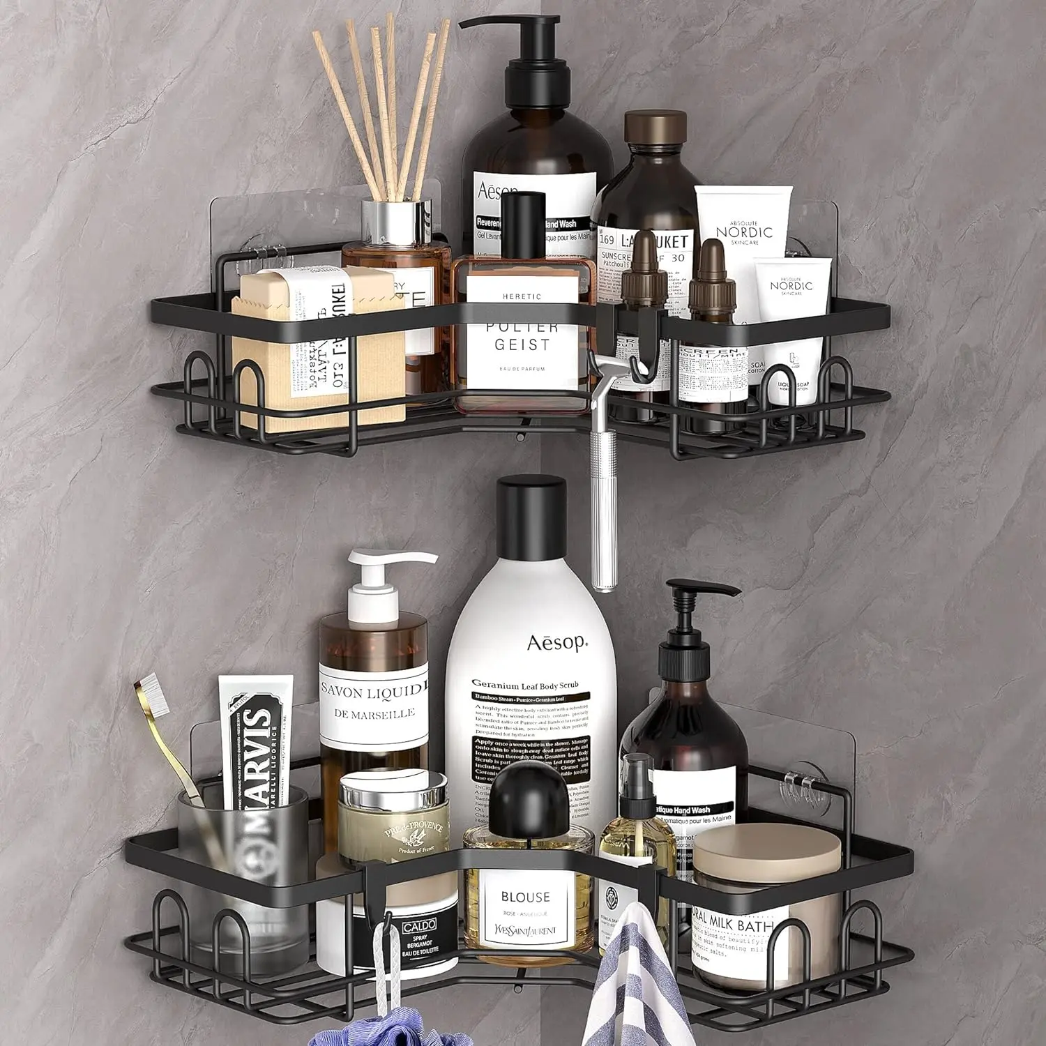 2 Pack Corner Shower Caddy Organizer Shelf with Hooks, Black Bathroom Shelves Storage Organization