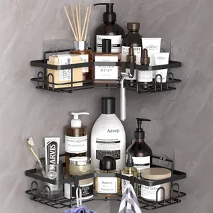 2 Pack Corner Shower Caddy Organizer Shelf with Hooks, Black Bathroom Shelves Storage Organization