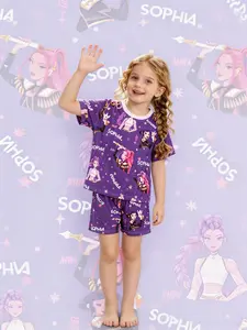 2-piece set of children's purple sole full body kpop girl snowflake wave dot star letter pattern printed short sleeved shorts soft and comfortable round neck design elastic waistband head home daily casual children's pajamas set