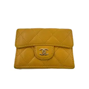 Pre-owned CHANEL Caviar Leather Wallet Classic Small Flap Yellow Gold Tone Hardware Compact Tri Fold Accessory