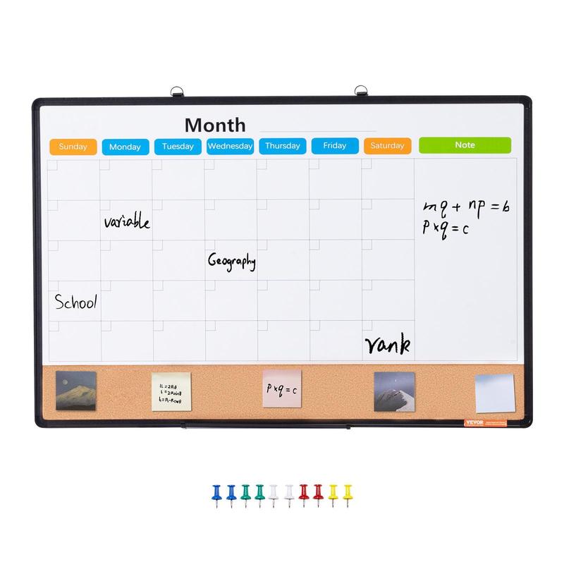 VEVOR 36"x 24" Monthly Calendar Whiteboard & Cork Board Combo with Aluminum Frame – 2-in-1 Magnetic Dry Erase Bulletin Board for Wall Mount – Ideal for School,  , Home, Office