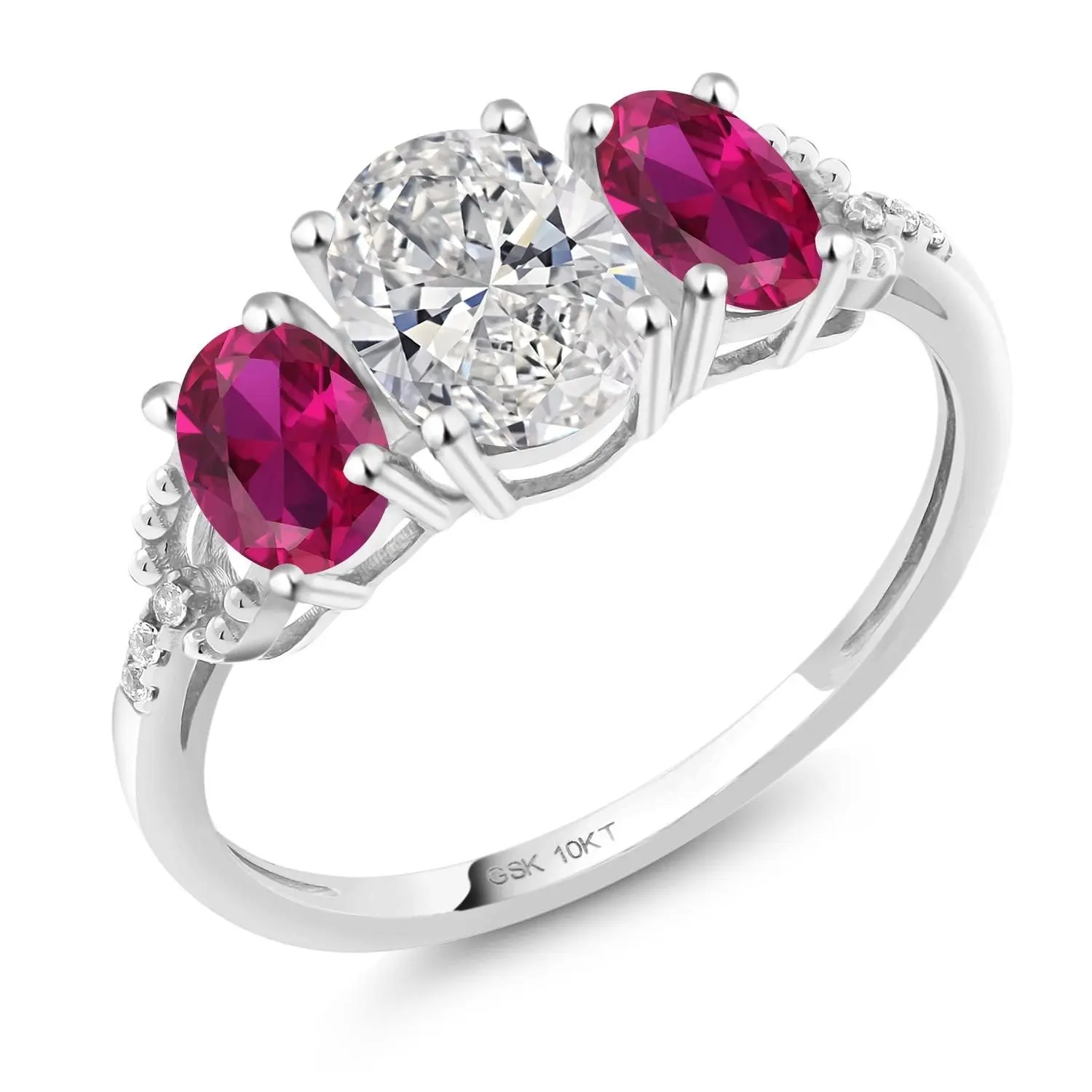 Gem Stone King 2.02 Cttw 10K White Gold IGI Certified Lab Grown Diamond and Red Created Ruby 3-Stone Engagement Ring | Center Oval Diamond 1.00 Ct | D-E Color | VS1-VS2 Clarity, Diamond Ruby, Oval Center