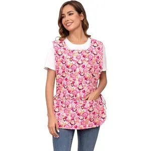 Women Cobbler Apron with 2 Patch Pockets Cotton printed Smock with Side Ties for Work Chef kitchen CF3187
