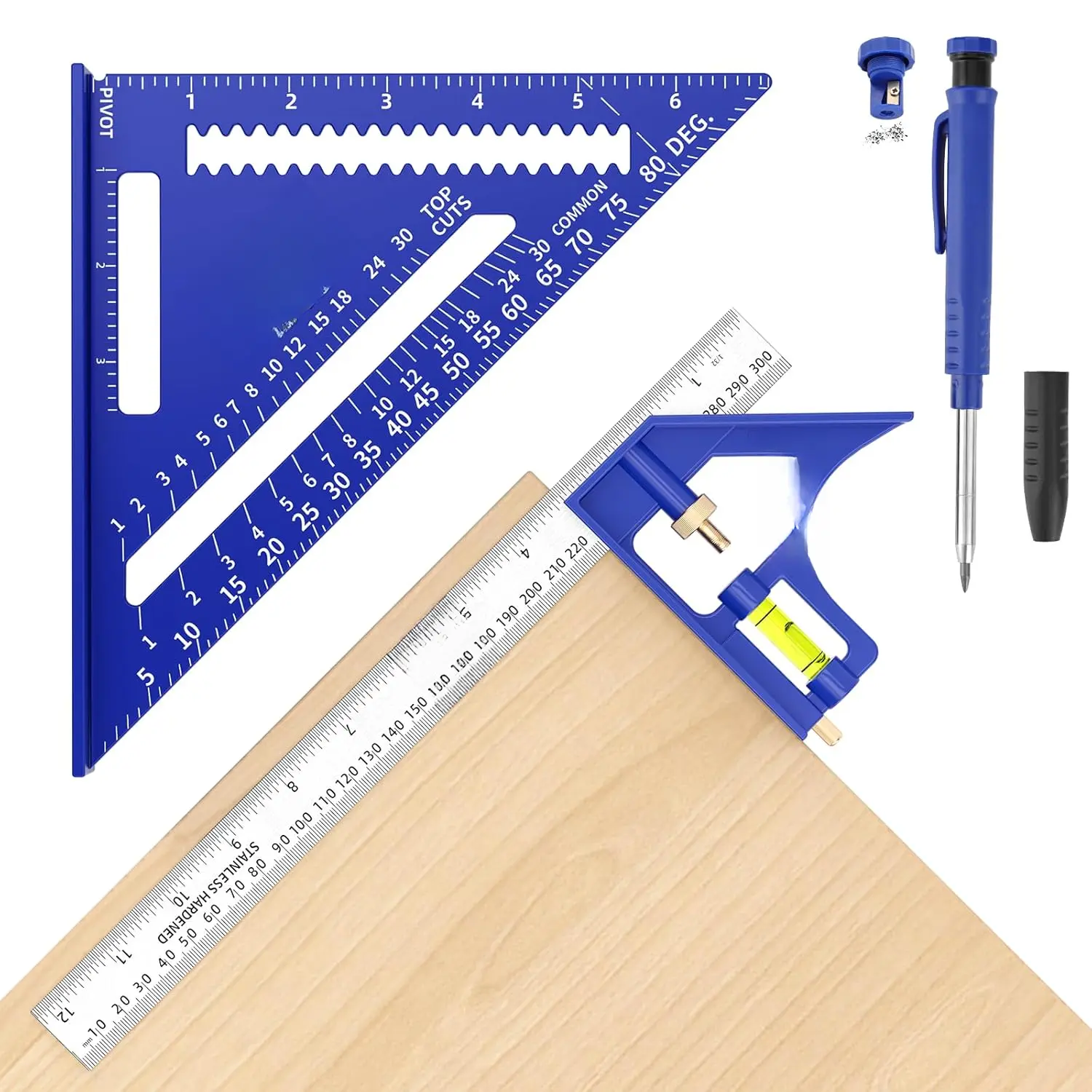 Square Combination Woodworking Tools, 7inch Carpenter Square  Working Tools and Accessories, 12inch Square Ruler, Includes 2-in-1 Carpentry Pencil, Protractor Angle Ruler Carpentry Tool