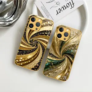 Meiya Luxury Gold-Plated Edge Case Liquid Swirl Glitter Glass Cover for iPhone 13 Pro Max ---975