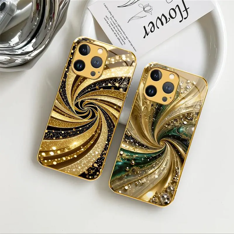 Meiya Luxury Gold-Plated Edge Protective Phone Case, Liquid Swirl Glitter Glass Cover for iPhone 13 Pro Max -975, Protective Phone Cover