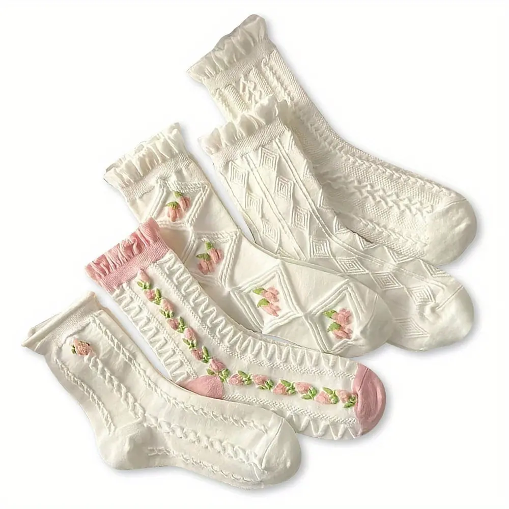 Women's 5-Pair Thin Soft Lightweight Vintage Fashion Dress Socks - White Cute Lace Ruffle Mid-Tube Cottagecore Breathable Flower Elastic, Comfortable Fits for Pilates, Outdoor Fun