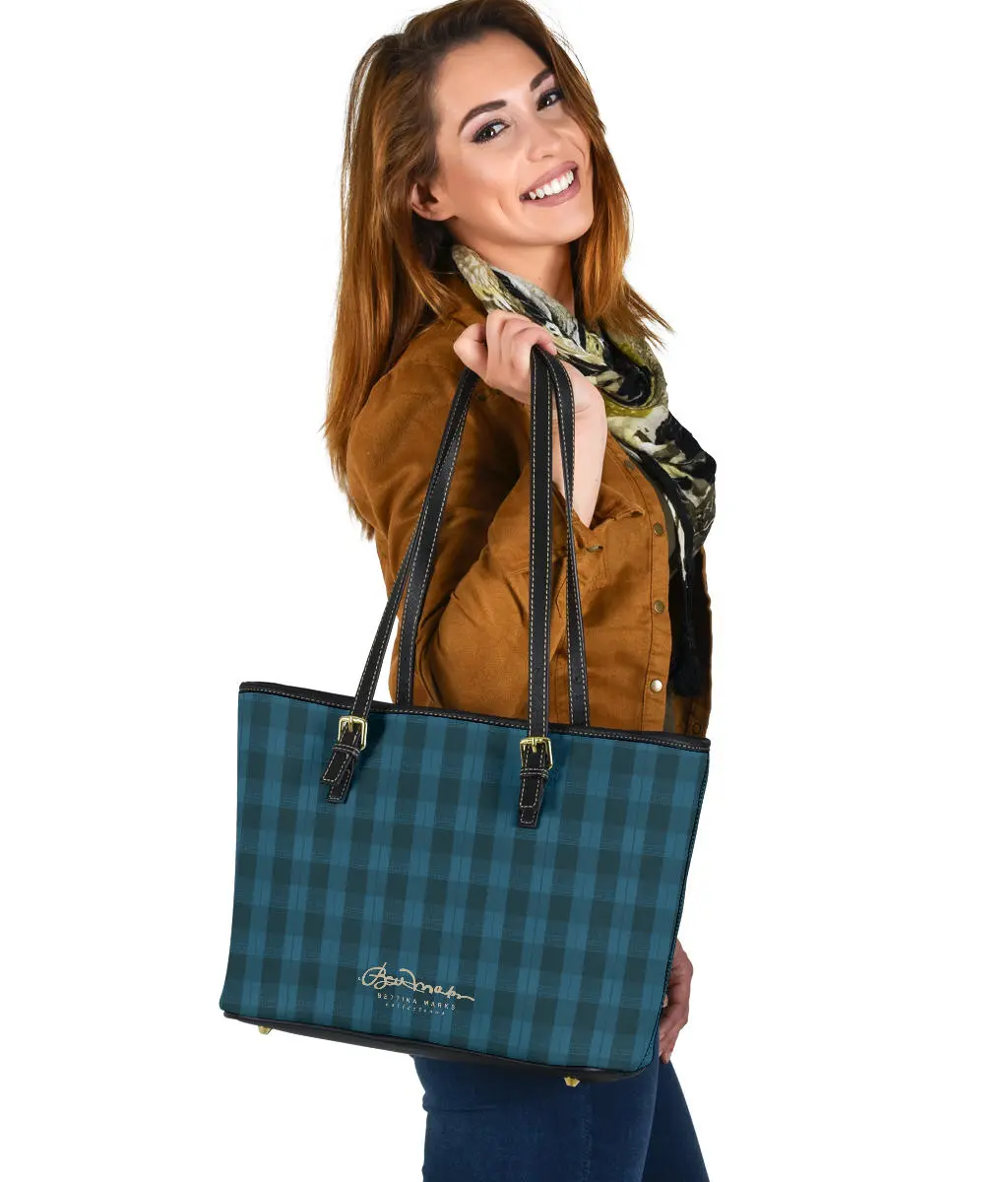 Teal Plaid Small Leather Tote Bag