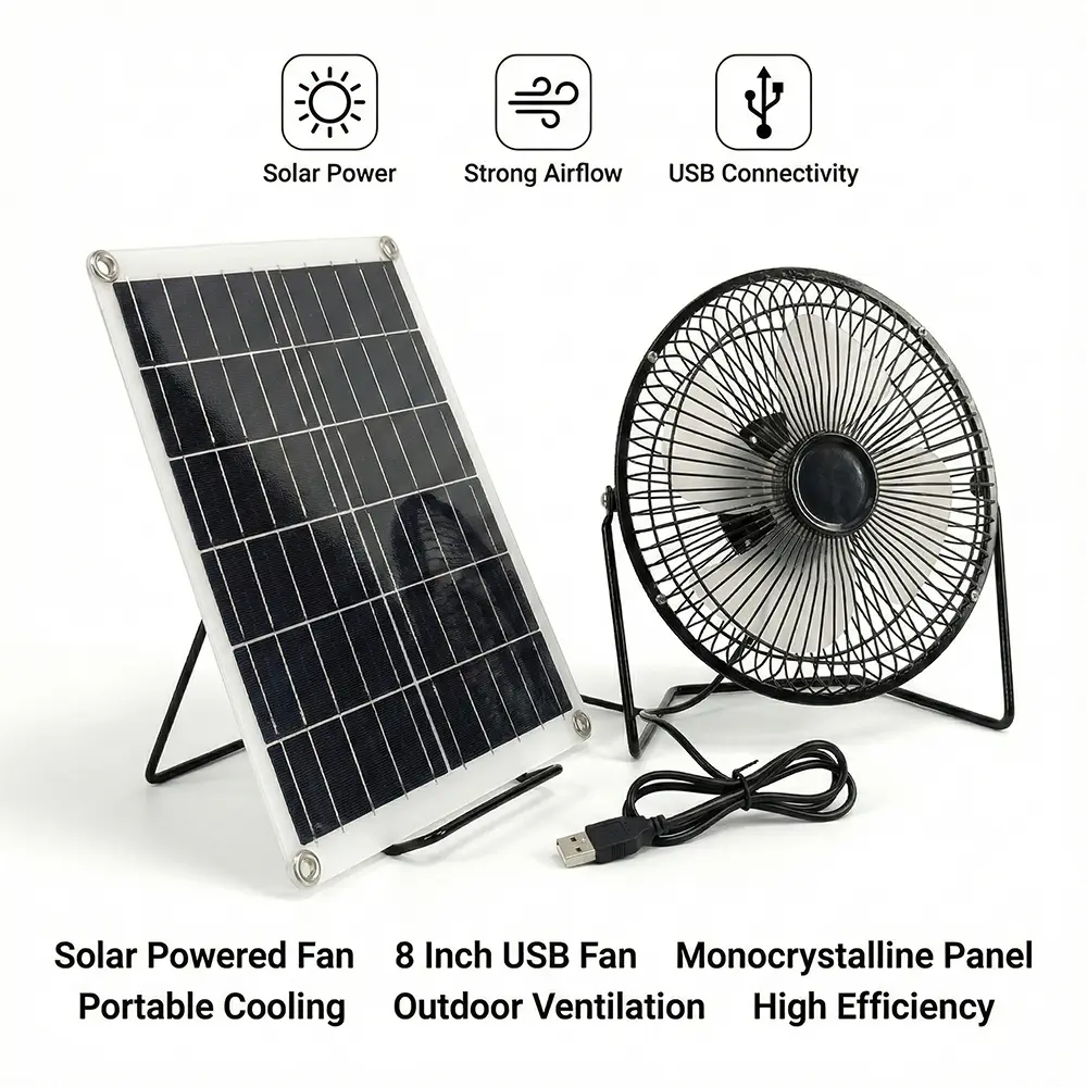 8 Inch Solar Powered USB Fan, Monocrystalline Solar Panel Fan Portable Cooling Fan For Outdoor Camping Patio Greenhouse Ventilation
