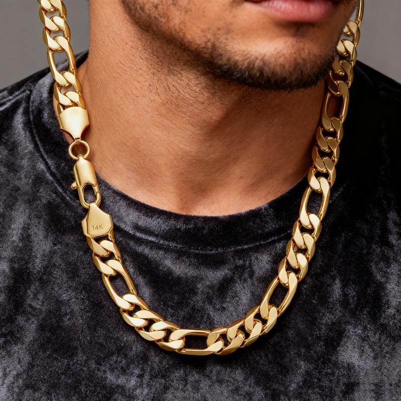 14K Real Gold-Plated Figaro Chain Necklace Tarnish-Free Nanotech Coating Italian Style Cuban Link 2mm/10mm Wide,24" for Women Men Hip Hop Streetwear Minimalist Layering Jewelry